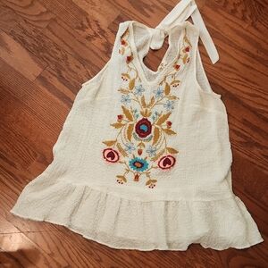 entro Cream Tank Top with Mustard and Red Embroidery
